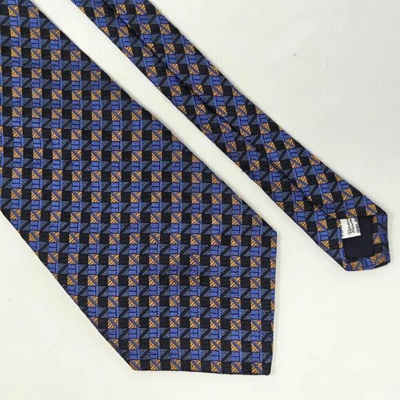 PATRICK FRANCIS IRELAND SILK TIE BLUE BLACK GOLD GEOMETRIC SATIN 3.75" X 60" - Picture 1 of 3